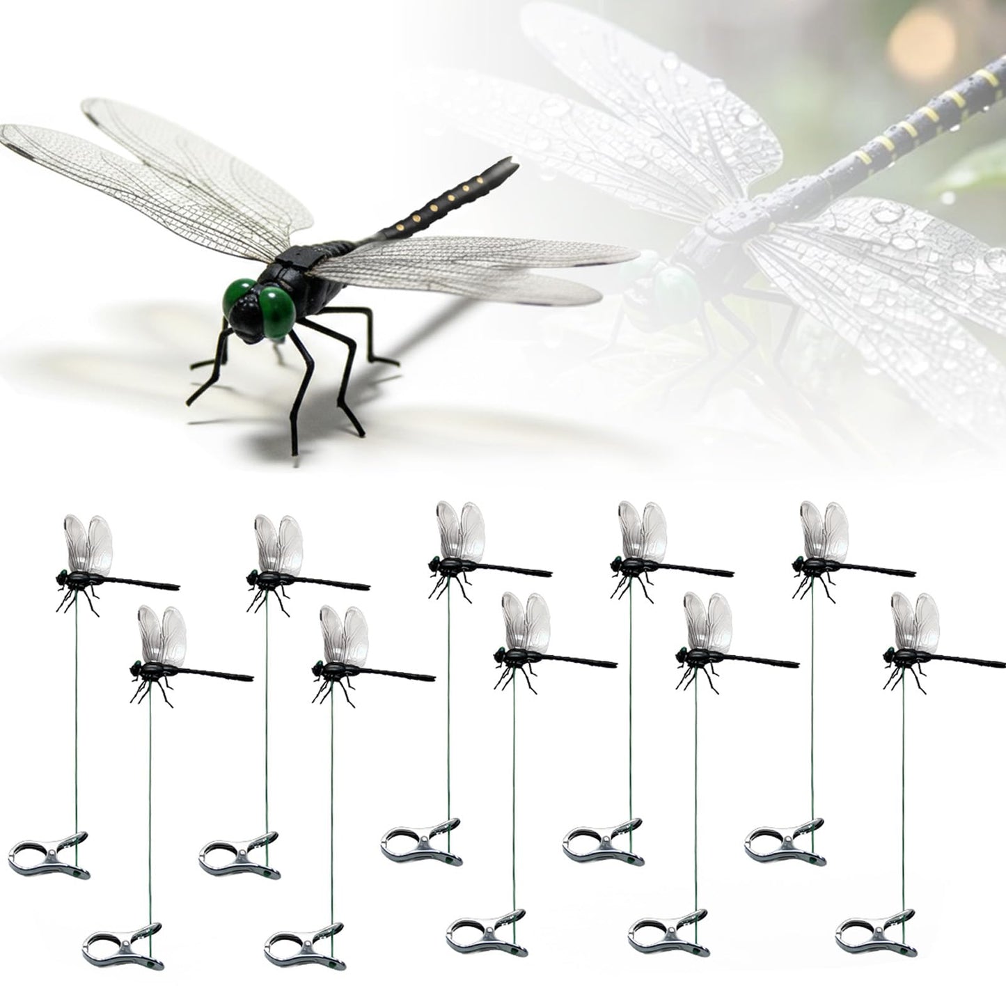 10 Pcs Dragon Fly Clips,Black Artificial Dragonfly Decor with Detachable PVC Wings, Nature-Inspired Outdoor Accessory for Hiking Hat, Camping, Patio, Yard