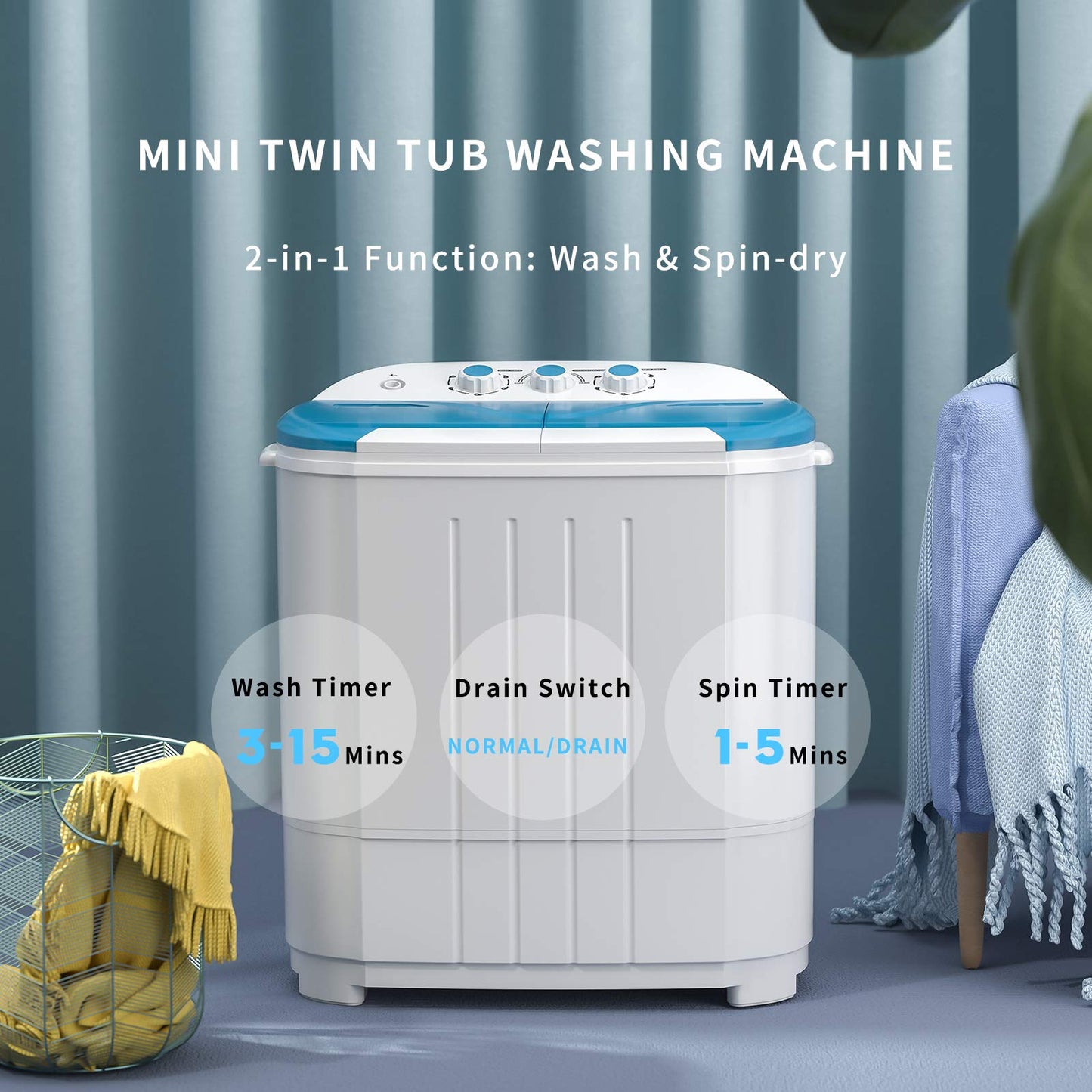 Auertech Portable Washing Machine, 14 Lbs Mini Washer and Spin Dryer Combo, 9 lbs Washer, 5 lbs Spinner, Compact Laundry Machine with Drain Hose, Small Washing Machine for Apartments, Dorm, RV
