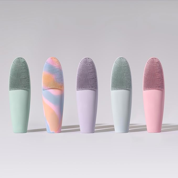 LOLLIPOP Dual-Sided Facial Cleansing Brush | Handle Size Silicone Face Exfoliator and Soft Fiber Cleanser | Manual Face Scrubber for Pores, Makeup Removal, Blackhead and Skincare Routine, Minty
