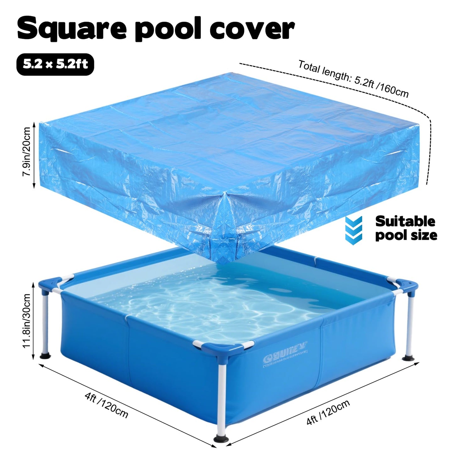 4 Feet x 4 Feet x 12 Inch Mini Frame Pool Cover Kiddie Pool Cover Waterproof Above Ground Frame Kiddie Swimming Pool Cover for Outdoor Backyard Teaching (Cover Only)