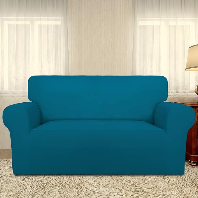 PureFit Super Stretch Sofa Slipcover – Spandex Non Slip Soft Couch Sofa Cover, Washable Furniture Protector with Non Skid Foam and Elastic Bottom for Kids, Pets （Loveseat, Peacock Blue）