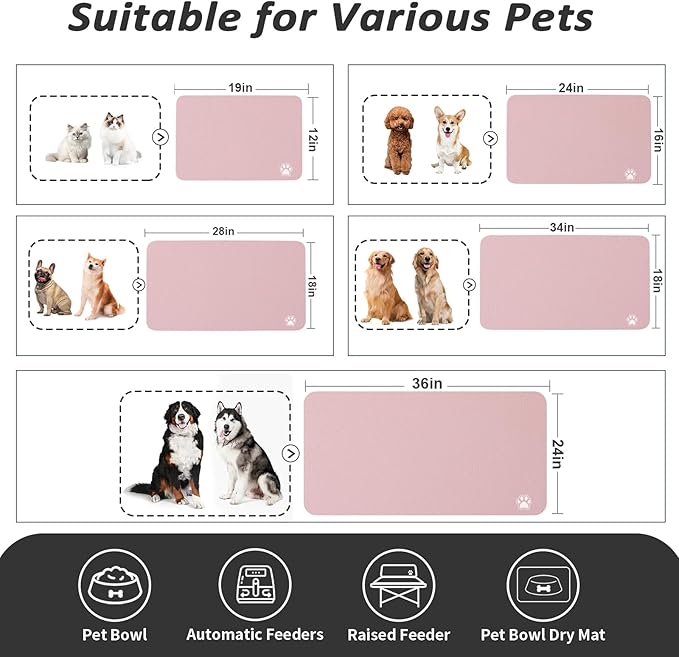 Dog Food Mat - Absorbent Cat Mat for Food and Water, No Stains Pet Feeding Bowl Mat, Easy to Clean Pet Placemats, Quick Dry Dog Water Dispenser Mat for Messy Drinkers | Paw Pink 18"x28"