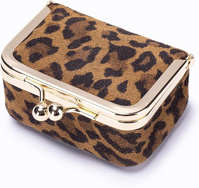 Genuine Leather mini Jewelry box, Portable Travel Jewelry case - Vintage mini Organizer with Kiss Lock for Rings, Earrings, Necklace, Bracelet | Gift for Women (Brown Leopard Print L)