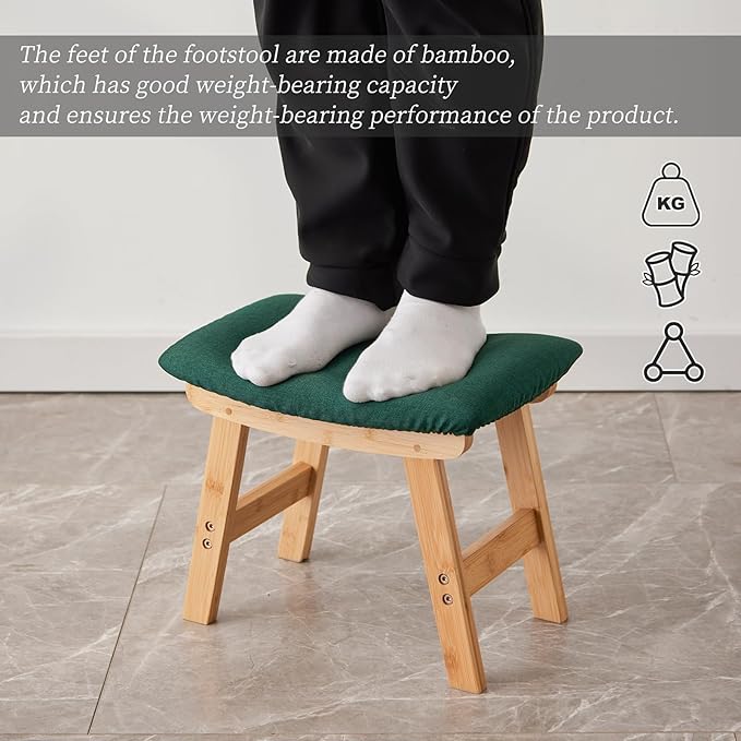 Kitsanery Foot Stool,Ottoman,Bamboo Small Sofa Foot Rest Under Desk,Extra Seating for Living Room, Bedroom and Kitchen (Natural Stool Legs - Green Surface)