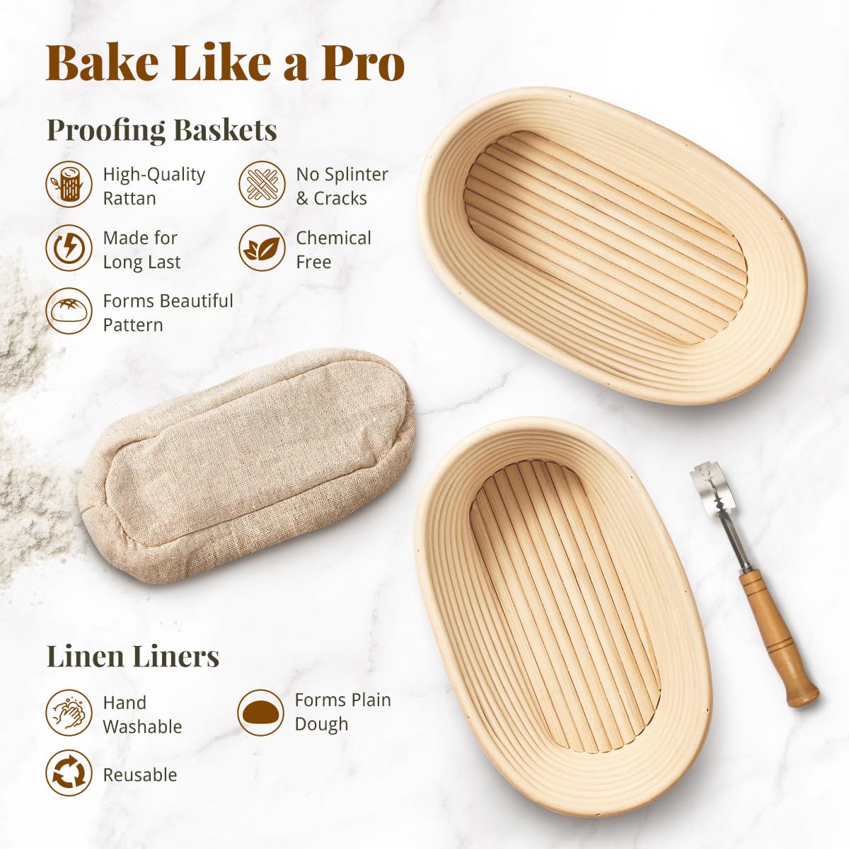 BAVIFY 10 Inch Oval Banneton Bread Proofing Basket Sourdough Starter Kit, Sourdough Bread Baking Supplies with Bread Lame, Sling, Spatula, Scraper, Dough Whisk