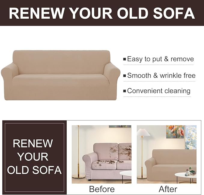 U-NICE HOME Oversized Stretch Loveseat Couch Cover Sofa Covers Washable Sofa Slipcover Furniture Protector for 2 Cushion Couch Sofa Pet Friendly, Camel