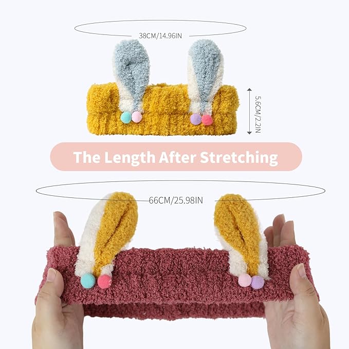 PERFECTSIGHT Kawaii Headband for Spa, Makeup, Washing Face, Party - 2 Pack Cute Hair Band for Shower Beauty Skincare, Soft Facial Headbands for Girls and Women (Red+Yellow Rabbit Ear)