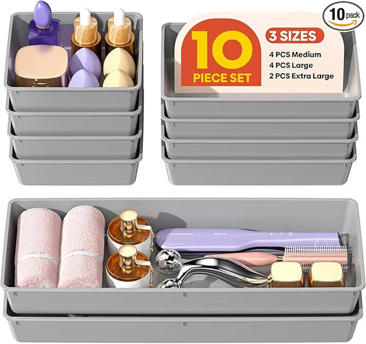 10 Pack Large Size Plastic Drawer Organizers Set, 3 Sizes Desk Drawer Organizer Trays, Storage Bins for Vanity, Makeup, Bathroom, Kitchen Utensils and Office (Gray)
