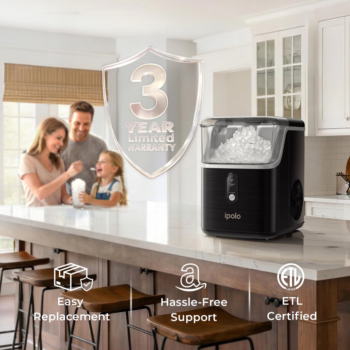 ipolo Nugget Ice Maker Countertop: 33lb/Day, Self-Cleaning, Black Stainless Steel, Portable, Soft Chewable Pebble Ice Machine for Home Kitchen, RV & Office