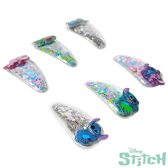 LUV HER Licensed Hair Accessories For Girls, 6pc Cute Hair Clips with Favorite Lilo & Stitch Character Charms, Magical Confetti Hair Clips, Ages 3+