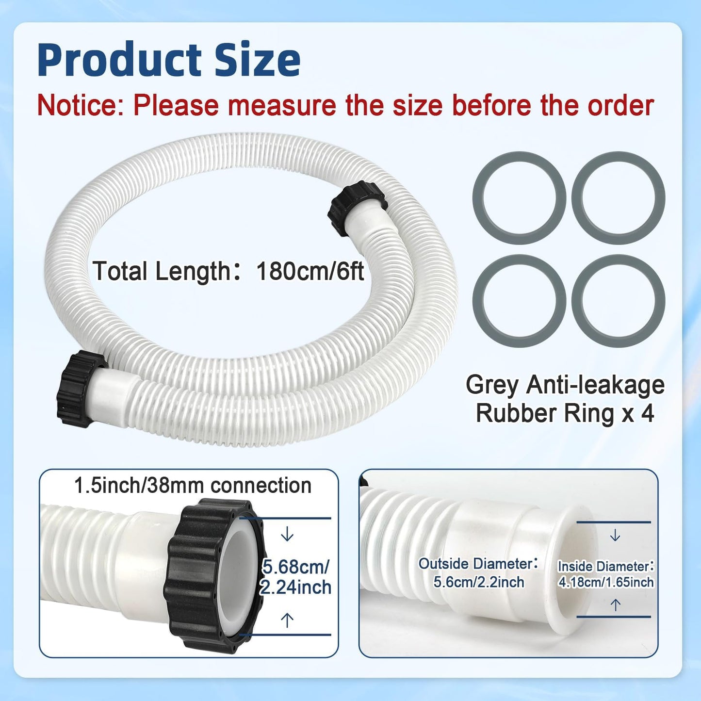 Conderyang 2 Pack 1 1/2 Pool Hose for Above Ground Pool 6ft Pump Replacement Hoses 1.5" EVA Heavy Duty Swimming Pool Hose for Above Ground, Filter Pumps, Saltwater Systems and Sand Filters (White)