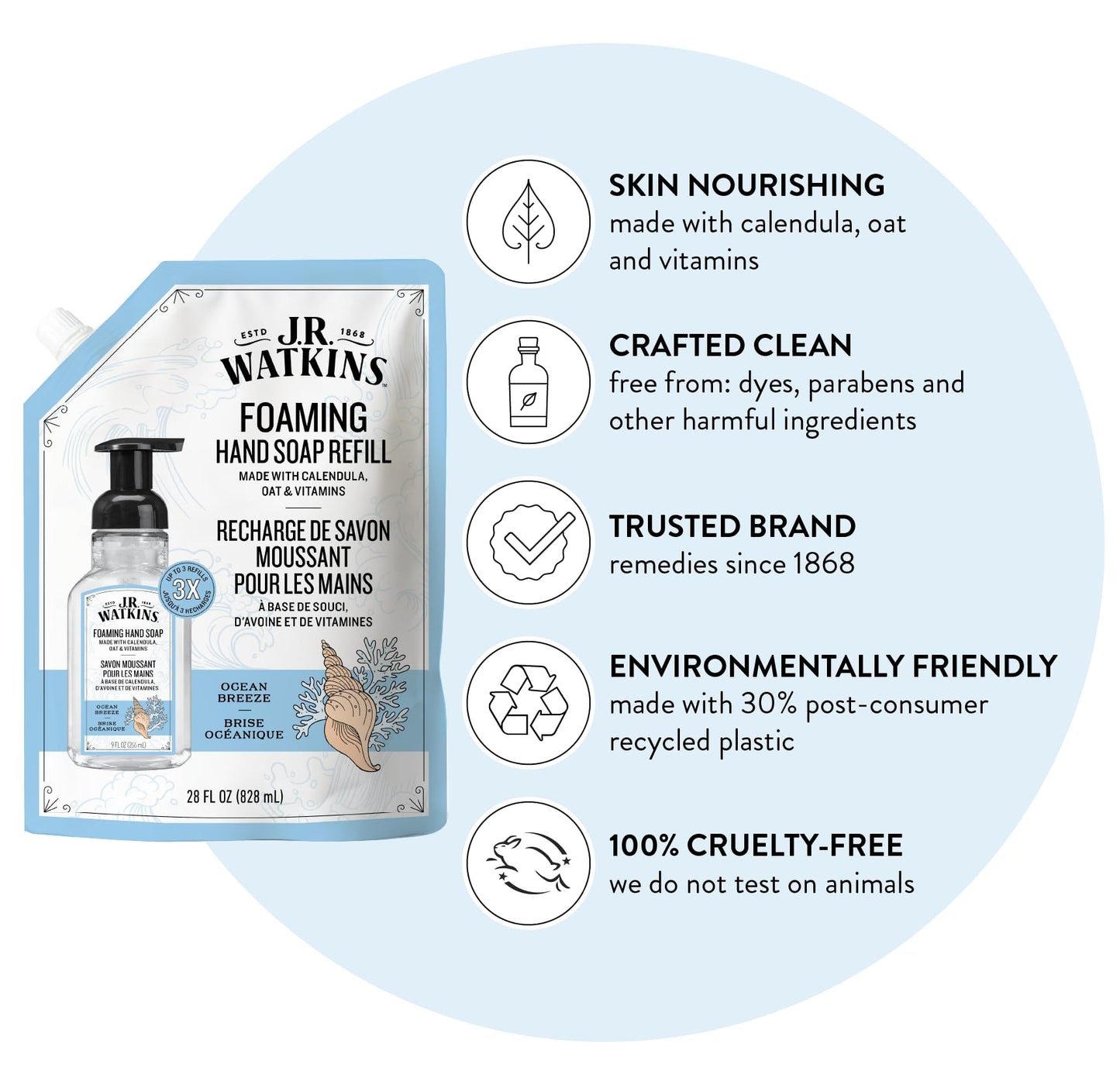 J.R. Watkins Foaming Hand Soap Refill, Moisturizing Foam Hand Wash, Formulated with Plant-Based Cleansers, Alcohol-Free, Cruelty-Free, Ocean Breeze, 28 fl oz, 2 Pack