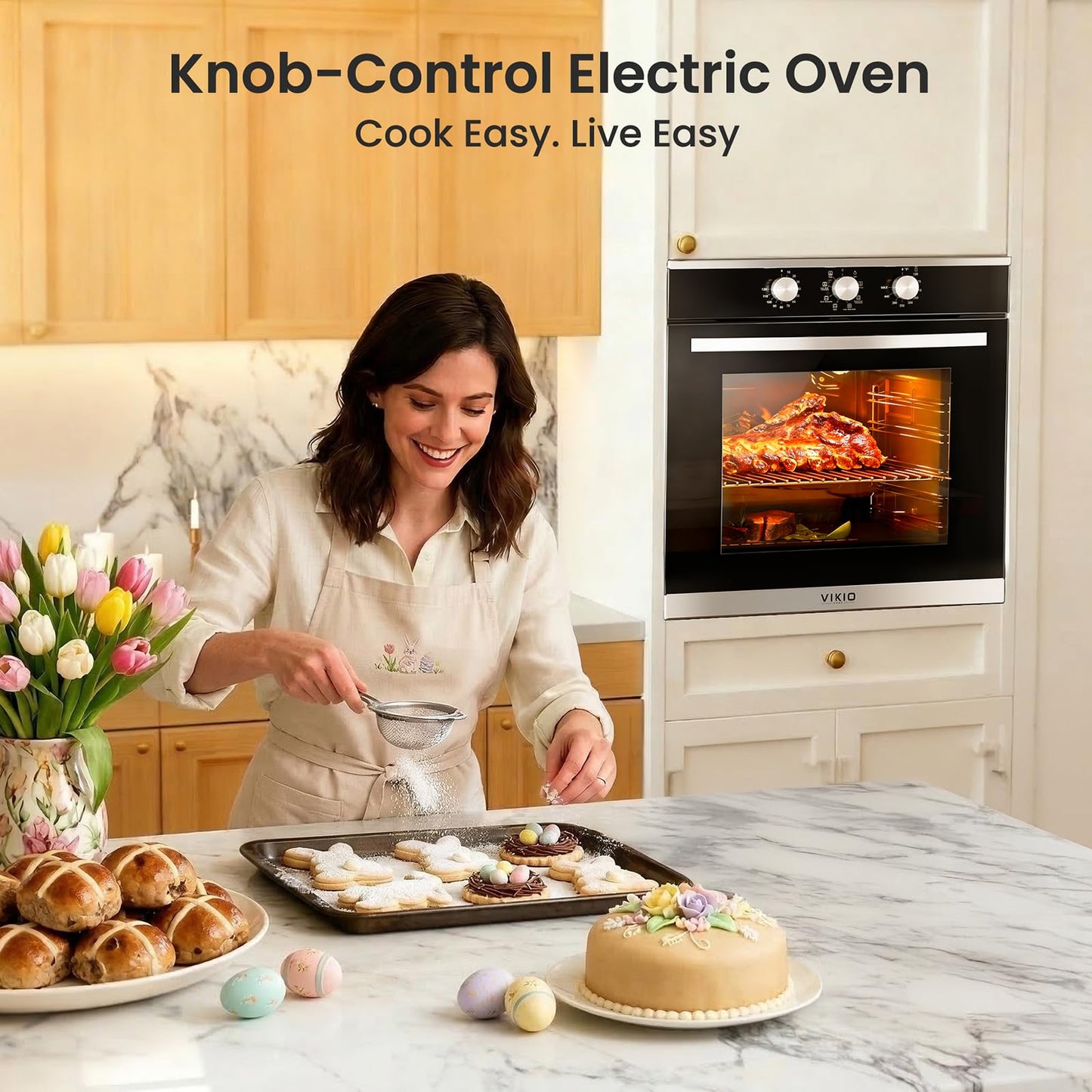 VIKIO HOME Single Wall Oven 24", 2.83 Cu.Ft-80L with 8 Functions Built-in Electric Ovens, 240V, 3220W Fast Preheat, Mechanical Knob Control for Easy Cooking