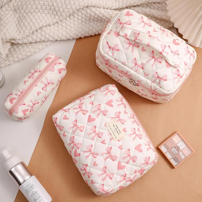 uekeboag Large Travel Quilted Makeup Bag for Women, Floral Cotton Cosmetic Bag, Coquette Aesthetic Floral Toiletry Organizer Bag