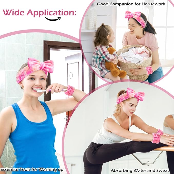 3PCS Spa Headband and Wristbands Set for Women, Soft Microfiber Face Wash Headband with Cute Bow, Elastic Absorbent Wrist Towels, Makeup Skincare Accessories for Facial, Shower, Yoga