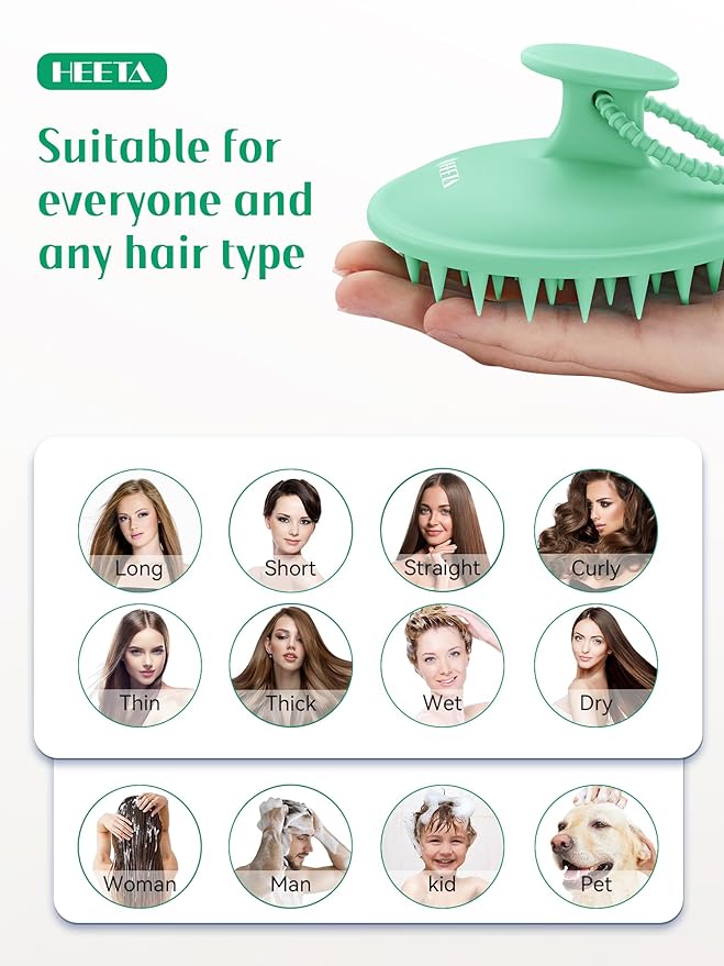 HEETA Scalp Massager Shampoo Brush with Silicone Bristles for Dandruff Removal Scalp Care & Hair Growth, Scalp Scrubber for All Hair Types, Head Massager Stress Relax, Upgraded Large Design,Green