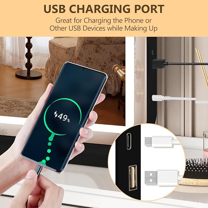 Vanity Mirror with Lights, Led Makeup Mirror, Lighted Makeup Mirror with 3 Color Dimmable Lights, Smart Touch Screen Control, Aluminum Metal Frame,USB Charging Port