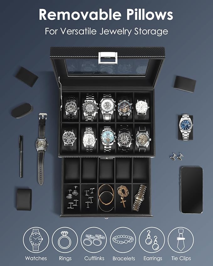Watch Case for Men, 20-Slot 2-Layer Watch Box with Large Glass Lid, Watch Storage Organizer with Removable Watch Pillows, Men's Jewelry Box with Lock, Watch Holder Display Case, Gift for Men Women
