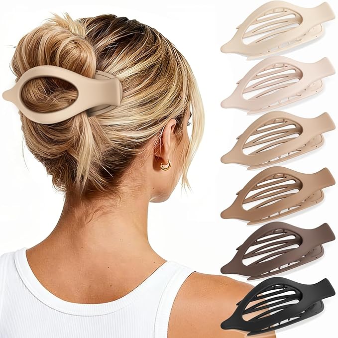 6 PCS Large Flat Hair Clips for Women Girls, French Concord Lay Down Flat Claw Clips for Thick Thin Hair, Comfortable Curved Flat Hair Clip, Matte Non-slip Strong Hold Hair Accessories, Brown