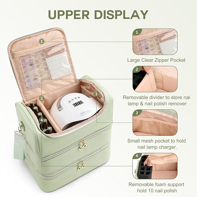 Uross Nail Polish Organizer Bag Holds 90 Bottles Nail Polish, Nail Lamp, Nail Supplies- Nail Organizers and Storage Case for Nail Tech, Nail Stuff Gel Kit Box- Green