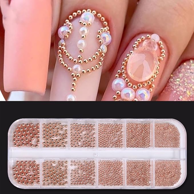 0.8mm Mini Small Nail Beads Stainless Steel Beads Nail Chain Charms Nails Art Decorations Gun Grey Rose Gold Caviar Nail Charms DIY Tool Nail Studs Accessories Caviar Art (Rose)