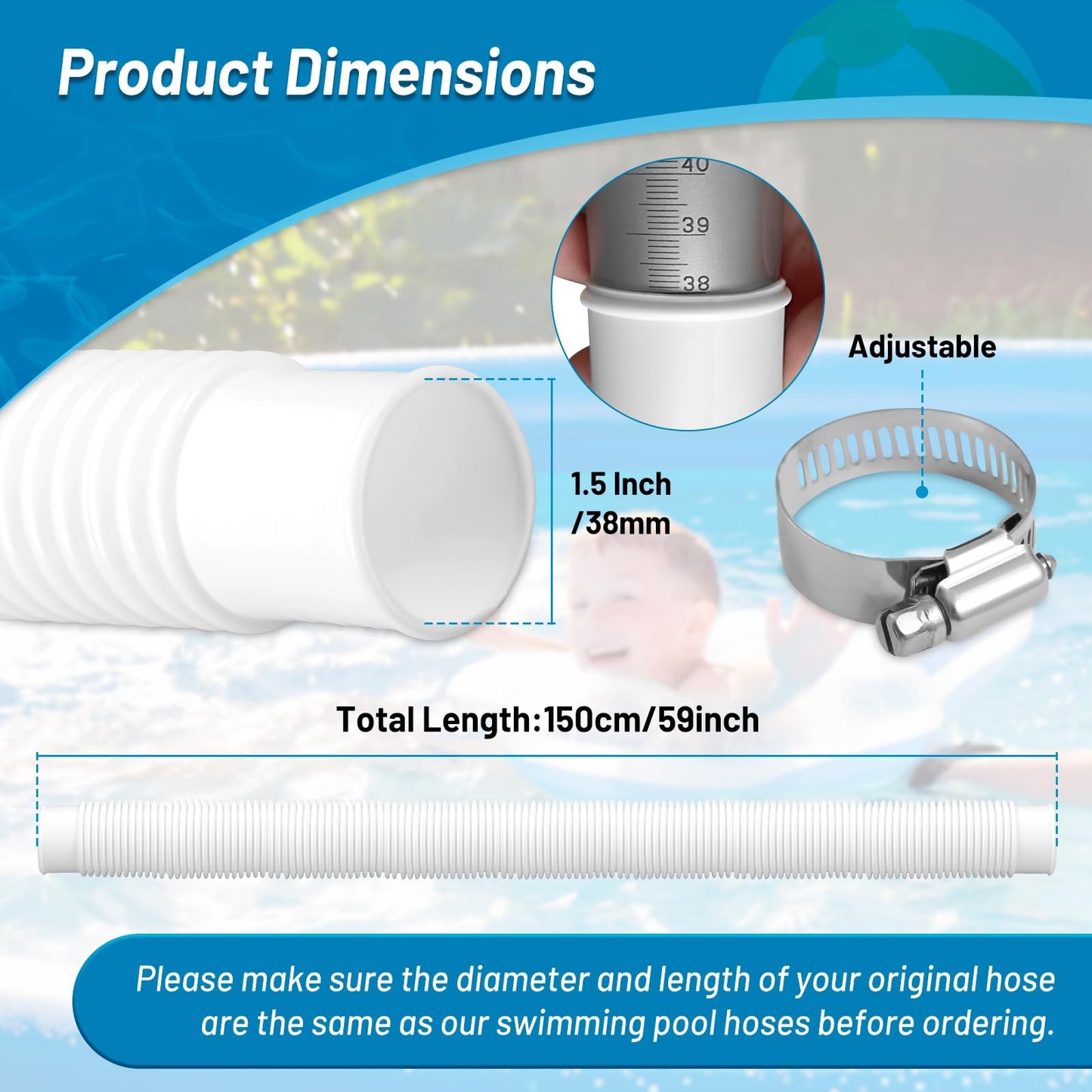 IDEASURE 1.5" x 59" Pool Hoses for Above Ground Pools - Pool Pump Replacement Hose Compatible with In tex Coleman Skimmer Surface Skimmer Pool Pump Pool Filter, 3 Pack with 6 Hose Clamps