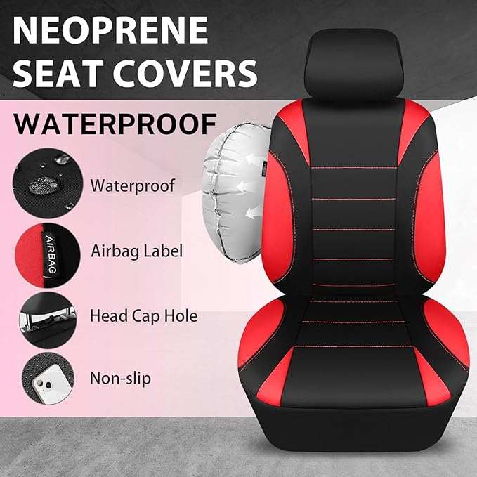 CAR PASS Neoprene Wetsuit Seat Covers, Waterproof Car Seat Covers Full Sets with 5mm Composite EVA, Universal Fit for Car,Sedan, SUV TrucksAnti Slip, Airbag Compatible(Black Red