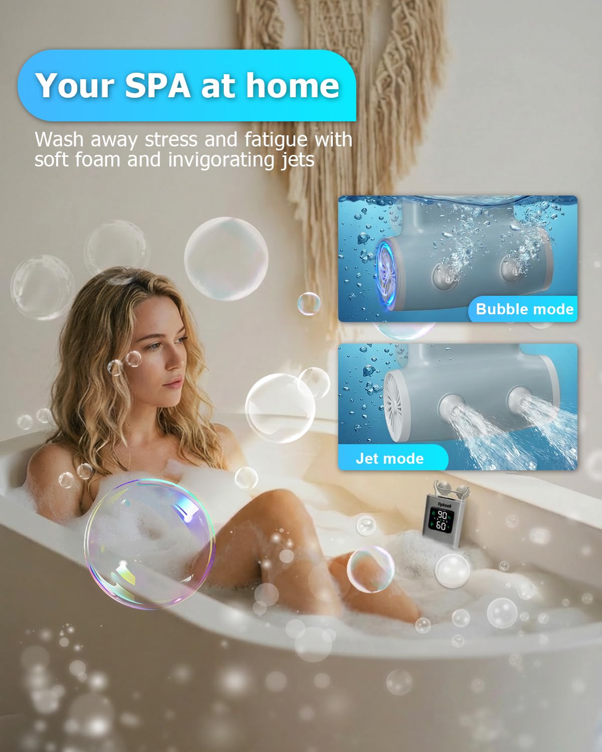 Tipkook Portable Bath Jets for Tub: 5-Speed Jet Spa for Bathtub with LED Display, Bath Jet/Bubble Mode, Rechargeable Bath Jets, Dual Water Outlet, IPX8 Waterproof, Ideal Gift for Home - Blue