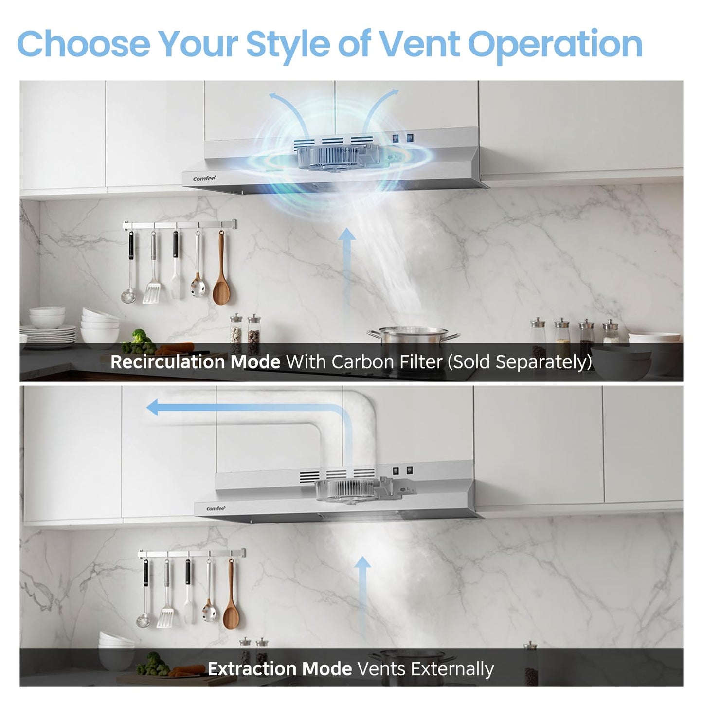 COMFEE' CVU30W2AST Range Hood 30 Inch Ducted Ductless Vent Hood Durable Stainless Steel Kitchen Hood for Under Cabinet with 2 Reusable Filter, 200 CFM, 2 Speed Exhaust Fan Silver