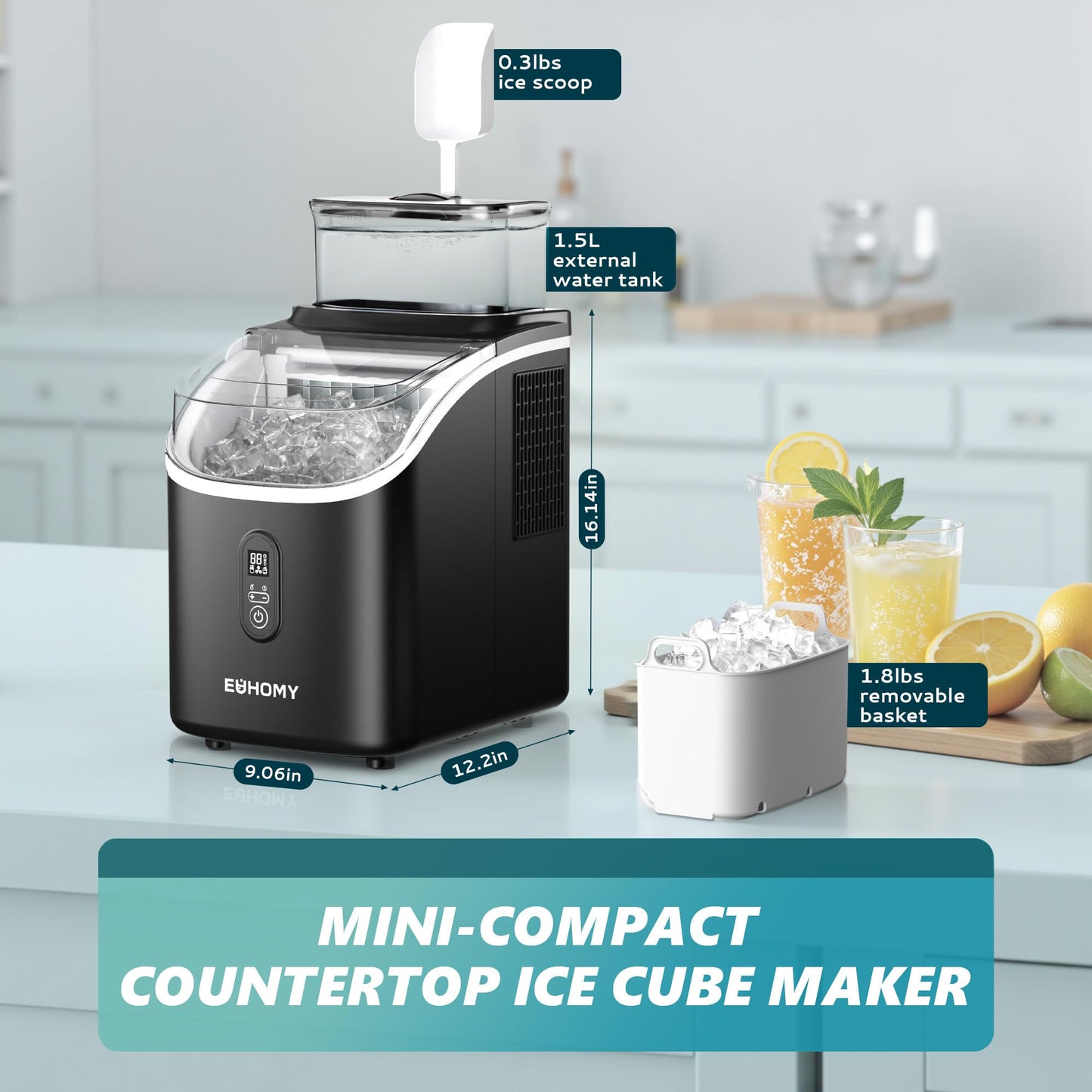 EUHOMY Ice Cube Maker Machine Countertop with External Water Tank, 2 Ways to Add Water, 34Lbs/Day, 16Pcs Ready in 7 Mins, Auto-Cleaning, with Ice Scoop & Basket, for Home/Kitchen/Office/Bar (Black)