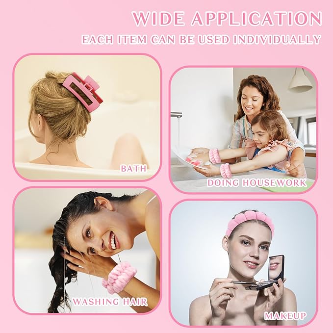 Wecoe Pink Spa Headband and Wristband Set for Face Washing, Makeup Application, Skincare Routine, 3-Piece Hair Accessories Kit with Hair Clip