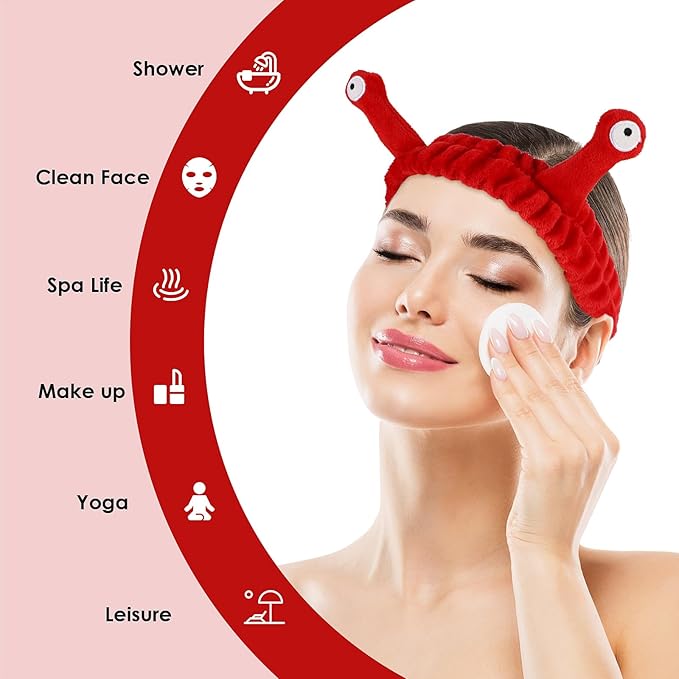 Face Wash Headband, Palm and Snail Spa Hair Bands Makeup Headbands Women Cartoon Cute Coral Fleece Elastic Headband Creative Hair Accessories for Washing Face Shower Sports (Red)