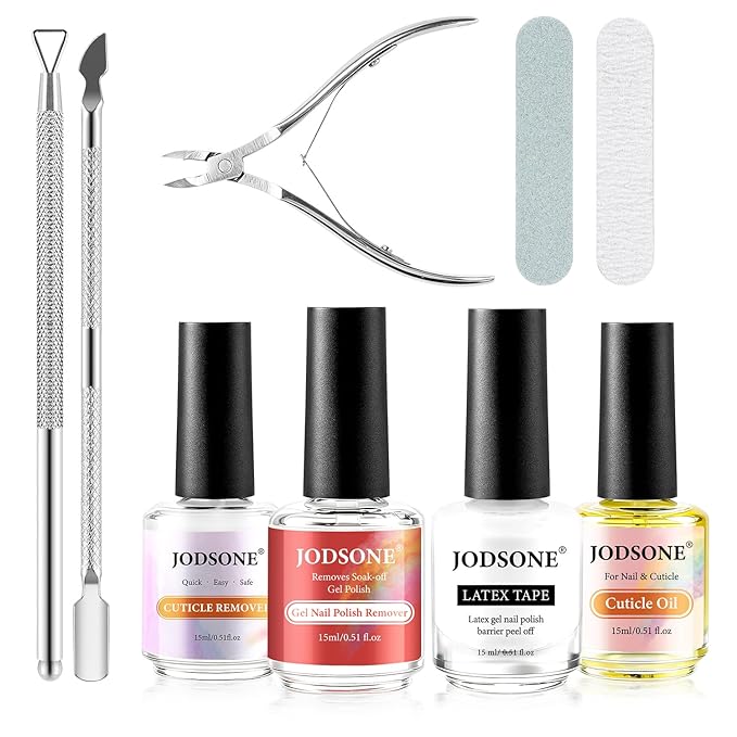 JODSONE Gel Nail Polish Remover Kit Set with 15ml Gel Nail Polish Remover,Cuticle Oil,Latex Tape,Cuticle Removers Liquid,Cuticles Trimmer,Removers Manicure Tool Set for Home Use,No Soaking Wrapping