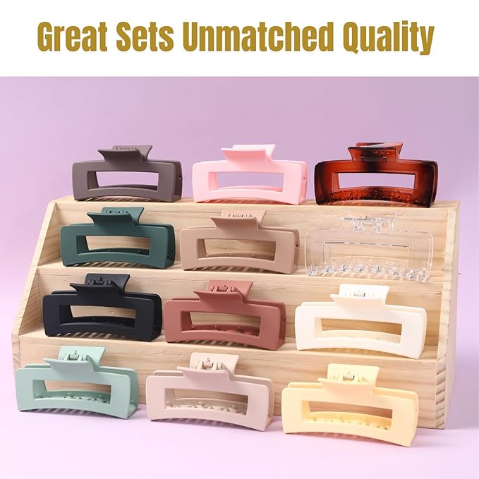 12 Pcs Large Square Hair Claw Clips for Women, 4.3-Inch Matte Rectangle Claw, Strong Hold Non-slip Hair Clips for Thick & Thin Hair,Mixed Color for Gifting, Work, and Daily Styling