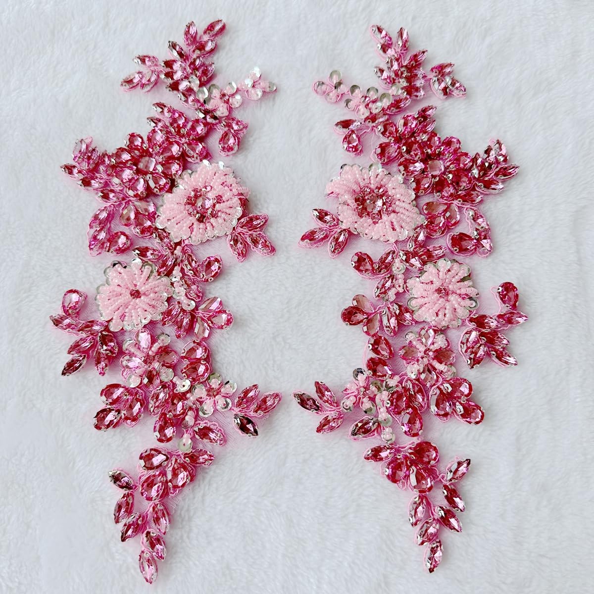 XZG.beatal Handmade Shining Rhinestones lace Applique Patches Sewing Beads Sequins Stone Trim Accessories for Wedding Dress 1 Pair/Bag 11X4.3inches (Pink)