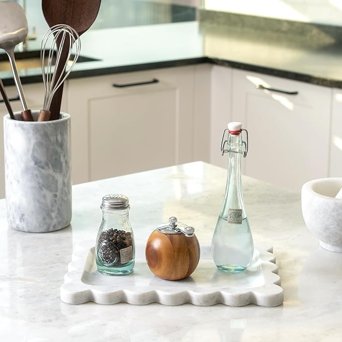 Koville Scalloped Marble Tray, 11"x8" Marble Vanity Tray for Countertop Bathroom Kitchen Dresser, Natural Stone Tray for Jewelry Perfume Home Decor, Decorative Catchall Trays(Bianco Carrara)