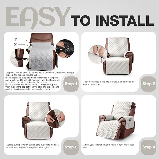 KinCam 100% Waterproof Recliner Chair Cover, Reclining Couch Covers for Pets, Dogs, Recliner Couch Slipcover Furniture Protector with Elastic Straps for Kids(23.6", Beige White)