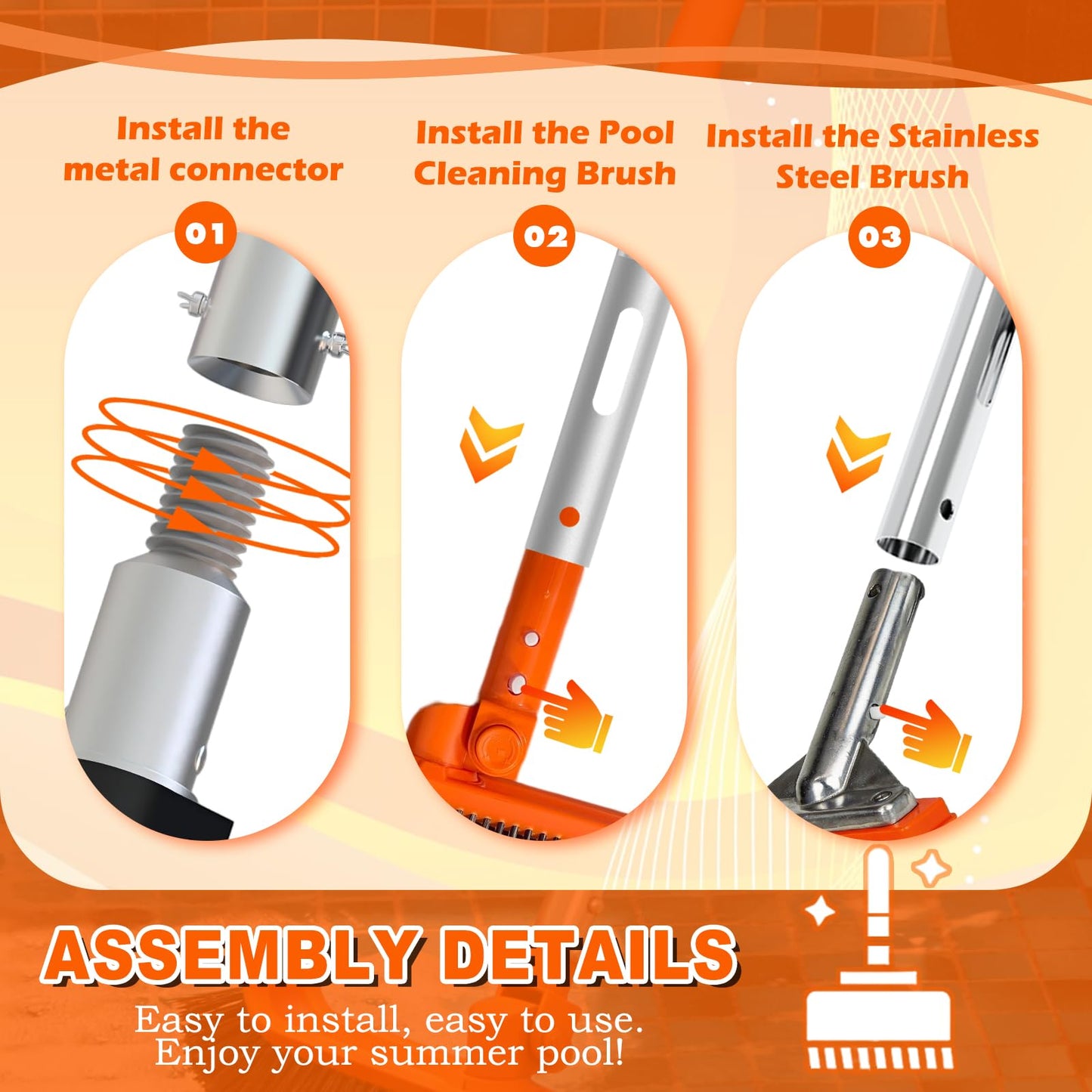 SISIUPASSIE Pool Brush Kit with Pole, Upgrade 18" Pool Brush and High-Efficiency Stainless Steel Bristles Brush with Telescopic Pole for Cleaning Pool Walls, Curved Ends, Tiles & Floors, 20 FT