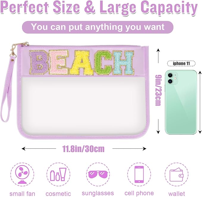 Chenille Letter Clear Bag Beach Purse with Wristlet, Monogram PVC & PU Clear Zipper Pouch, Waterproof Portable Glitter Snacks Makeup Beach Pouch Toiletry Bag for Women Girls (BEACH-Purple)