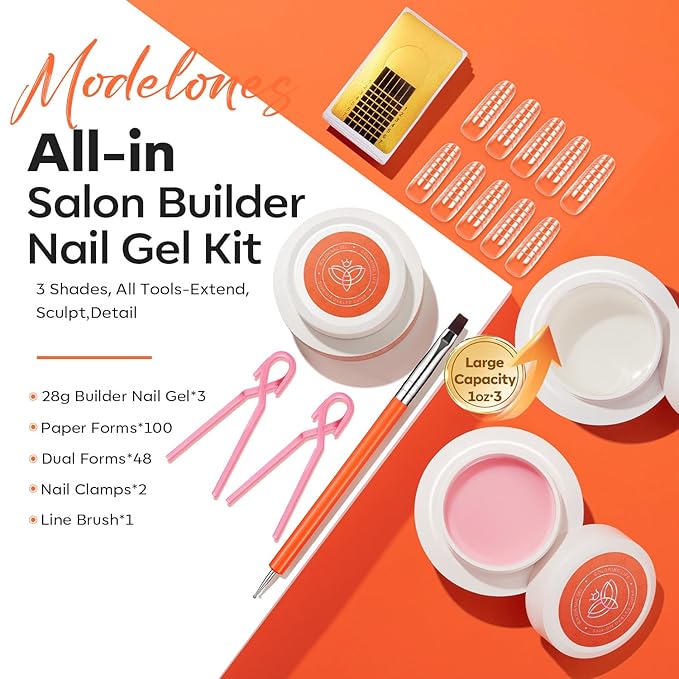modelones Builder Nail Gel 3 Colors French Tip, 10-in-One Builder Clear Nude Pink Hard Gel Nail Kit with Dual End Brush, Acrylic Clamps, Paper Forms for Extension Apex Building Sculpting LED Cured