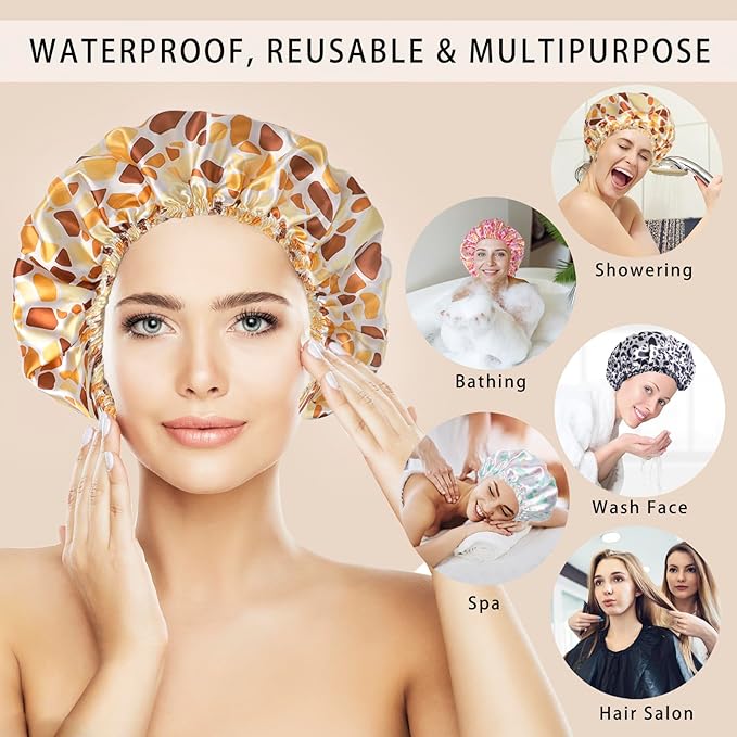 Shower Caps for Women, 4 PCS Elastic and Reusable Bath Caps, Double Layers Shower Cap Reusable Waterproof, Bathing Shower Caps, Environmental Bath Hair Protection Cap - Stone
