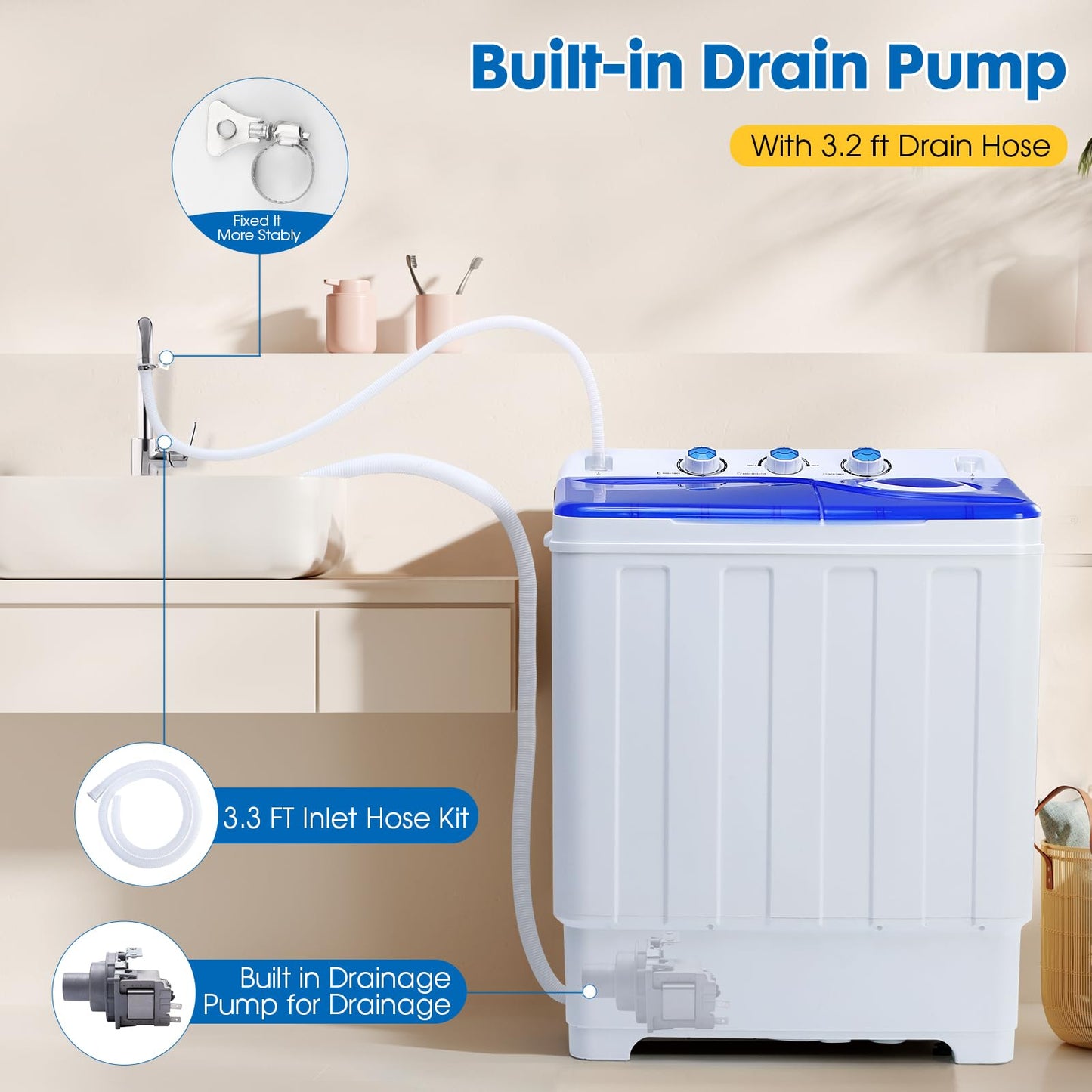 Dawmilon Portable Washing Machine Twin Tub - 28lbs Compact Washer (18lbs) and Spinner Dryer (10lbs) Combo with Drain Pump - Semi Automatic Washing Machine for Apartments, Dorms, RVs, Camping - Blue