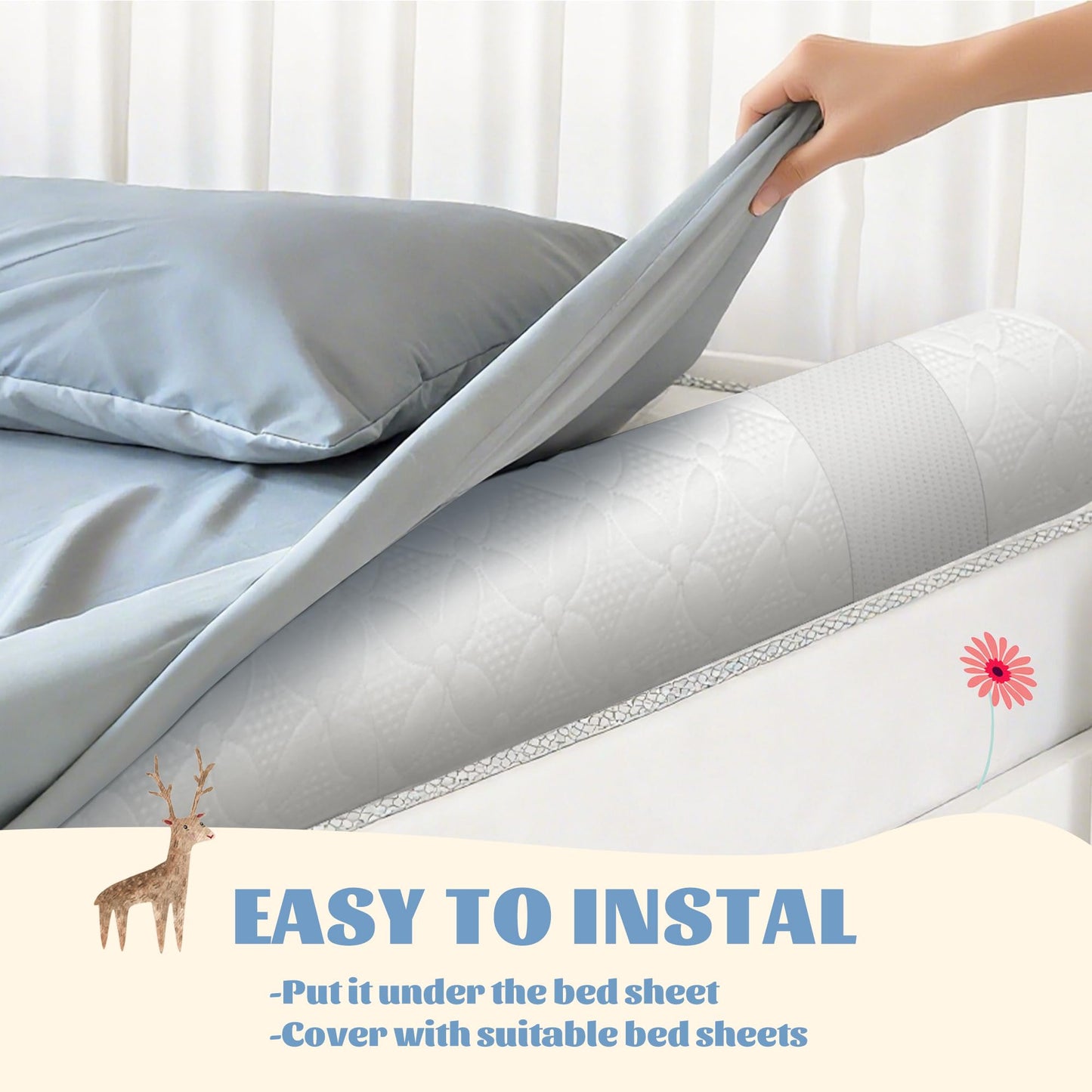 Asatdd Bed Rail for Toddlers with Adjustable Strap, Bed Guard Rail, Soft Memory Foam Toddler Bed Bumper for Twin, Full, Queen, King Beds with Washable Cover, 1 Pack
