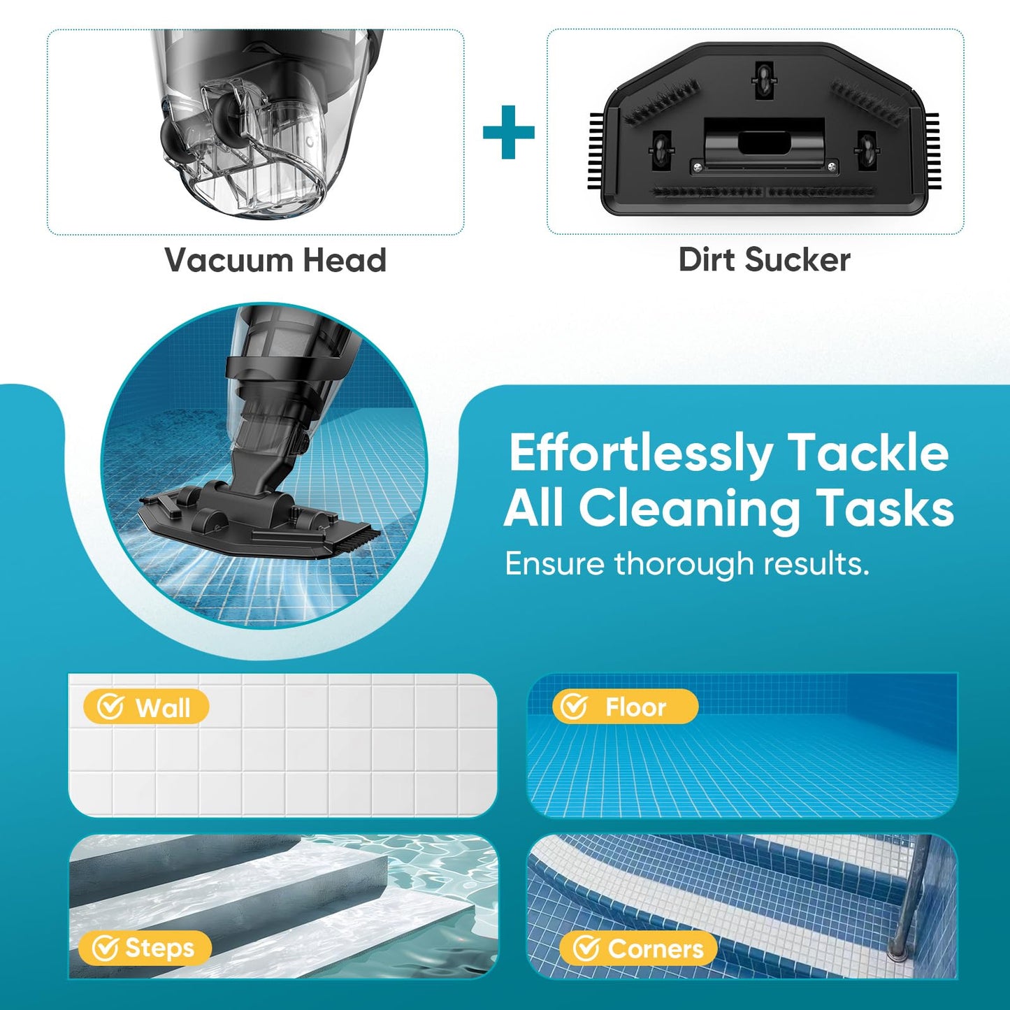 Cordless Pool Vacuum for Above Ground and Inground Pools, 18 GPM Powerful Suction Handheld Rechargeable Pool Cleaner with Versatile 4-Section Pole, 1H Runtime, Ideal for Leaves, Sand and Debris