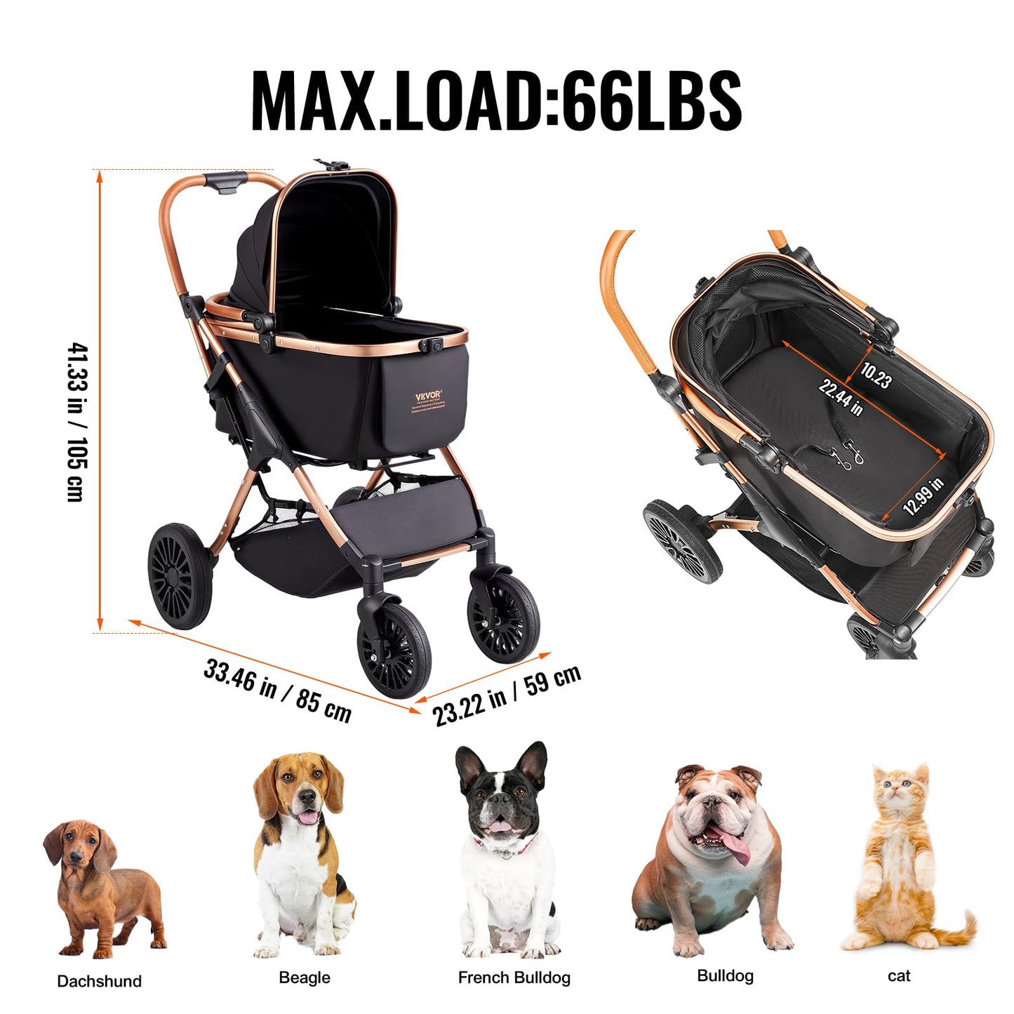 VEVOR Large Pet Stroller for Medium Large Dogs and Cats, Up to 66lbs, Detachable Carrier and Storage Basket