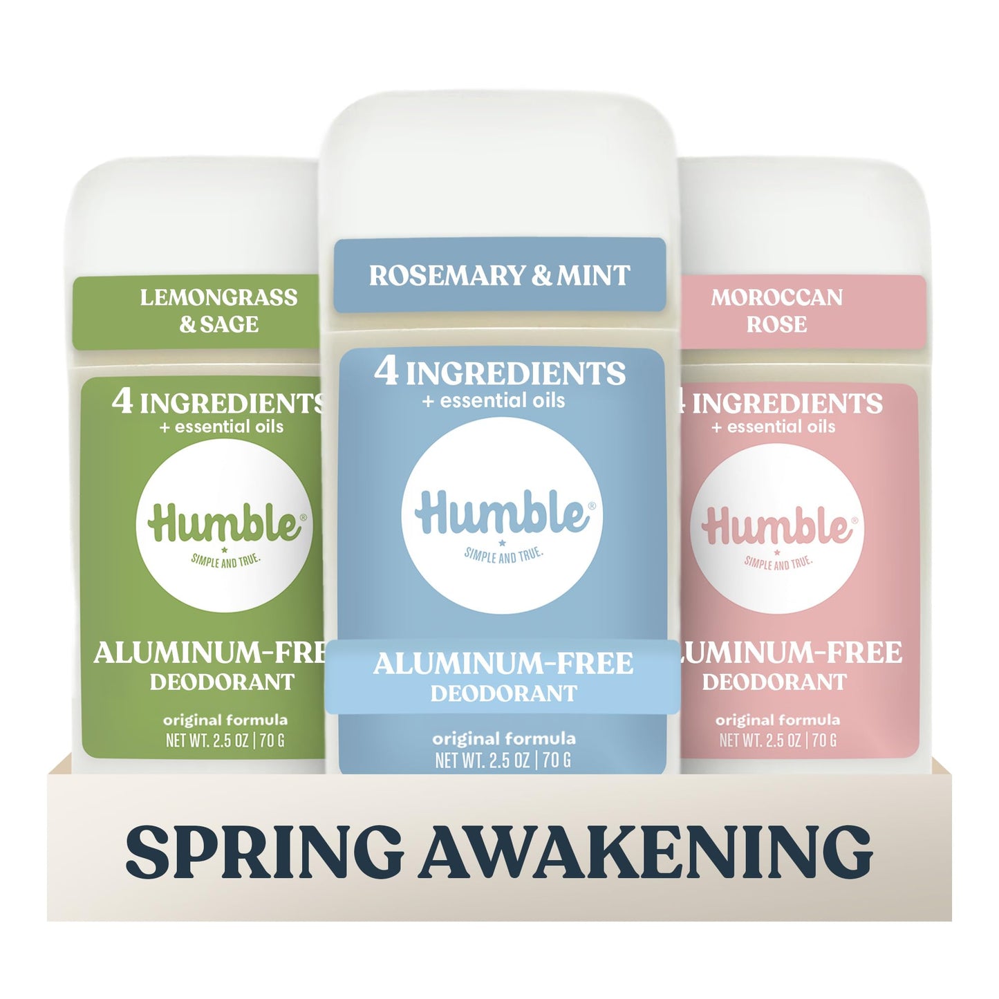 Humble Aluminum-Free Deodorant for Women & Men, Spring Awakening - Clean & Fresh Natural Deodorant Stick with Essential Oils for Long-Lasting Odor Control - 3 Pack