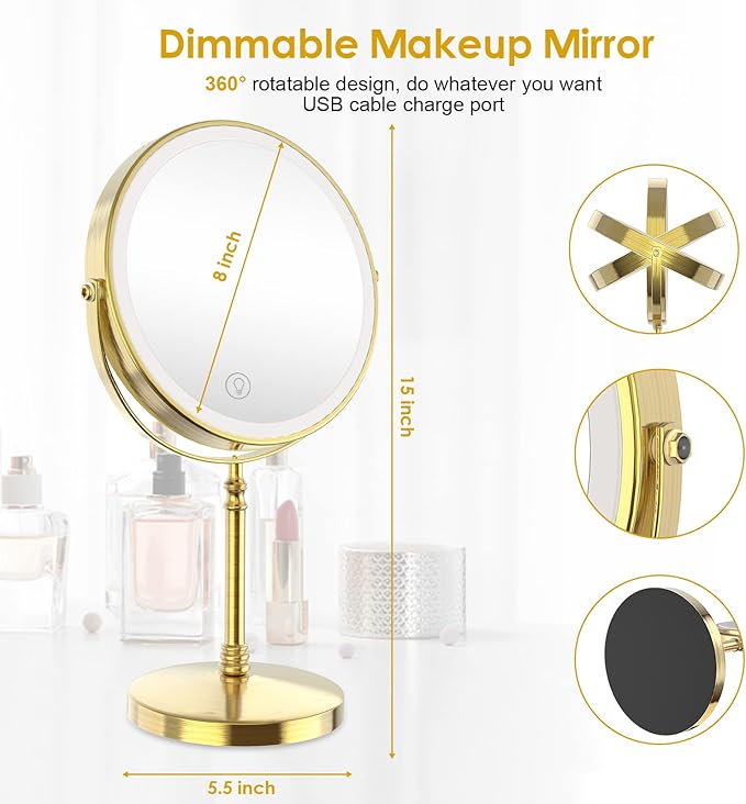 Lighted Makeup Mirror, 3000 mAh Rechargeable Double Sided Magnifying Vanity Mirror with 3 Colors, 1x/10x, 360° Rotation , Brightness Adjustable Magnification Cosmetic Light up Mirror, Women Gift