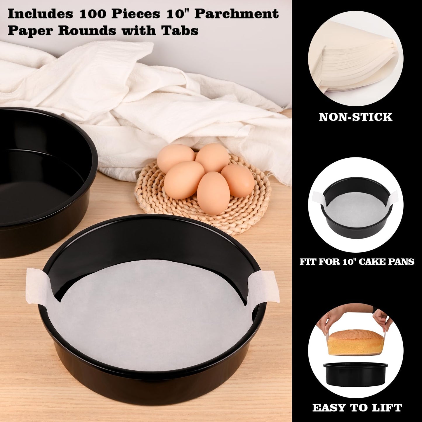 HUAKENER 10 Inch Cake Pan - Set of 2 Round Cake Pans with 70 Pieces Parchment Paper, Non-stick Cake Baking Pans, Dishwasher Safe