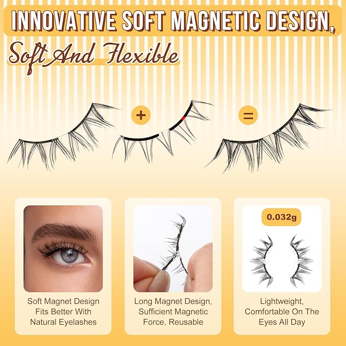 QUEWEL Magnetic-Eyelashes with Applicator, Upgrade 1 Pair Soft Magnetic Lashes, No Glue Needed Reusable Magnetic Eyelashes So Soft and Suitable for Beginners (Soft-Magnetic-A)
