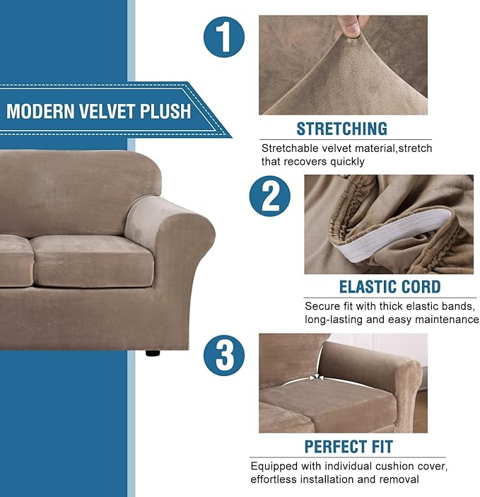 H.VERSAILTEX Real Velvet Plush 3 Piece Stretch Sofa Covers Couch Covers for 2 Cushion Couch Sofa Slipcovers Width Up to 90 Inch Feature Thick Soft Stay in Place (Large Sofa, Camel)